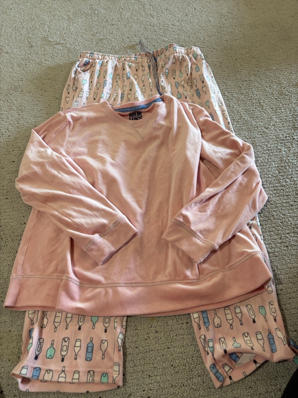 Muk Luks Light Pink Long-Sleeve Pajama Set with Bottle Print SUPER SOFT